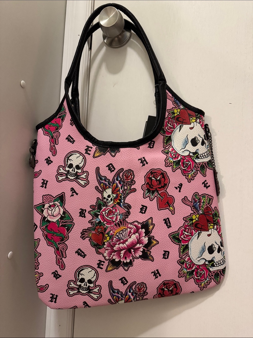 NWT Ed Hardy: Women's Faux Leather Tote Bag (Skull Rose Pink) - Picture 10 of 14